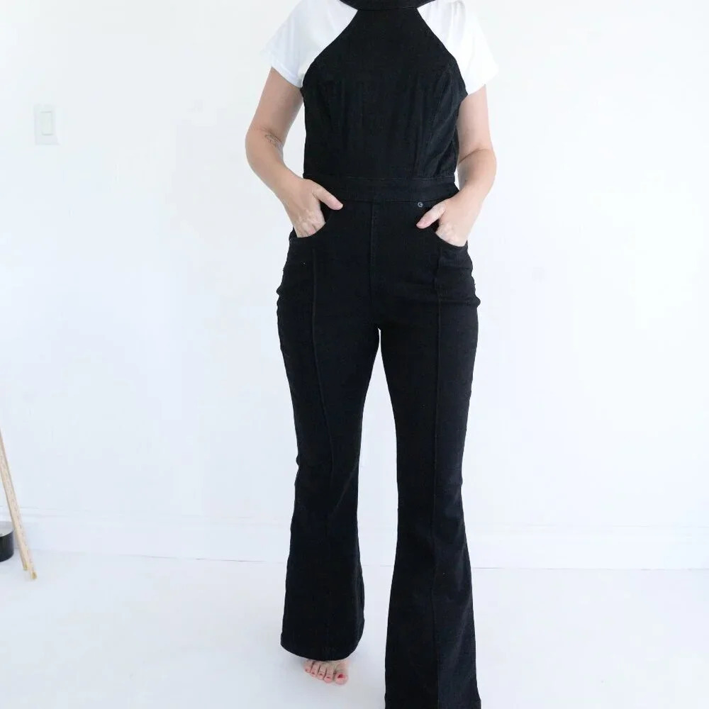 Free People We The Free Black Bib Overalls 100% Cotton 8